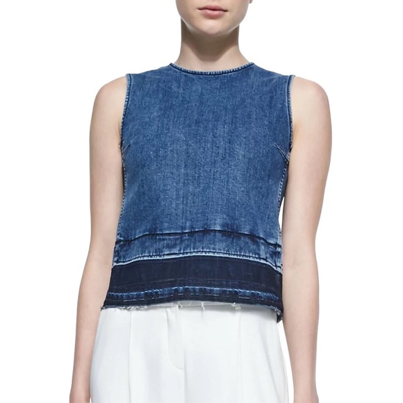 Theory Blue Reli D Frayed Sleeveless Round Neck Back Zip Denim Top Size P - Picture 4 of 9